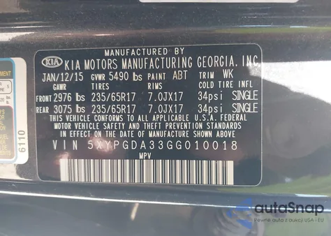 2016 Kia Sorento 2.4L Lx z USA, uszkodzony, nr VIN 5XYPGDA33GG010018